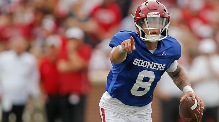 OU quarterback Dillon Gabriel scrambles during the Sooners’ spring game on April 23 at Gaylord Family-Oklahoma Memorial Stadium in Norman.